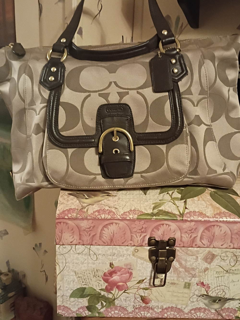COACH Campbell Signature Satchel - Light Khaki/Mahogany